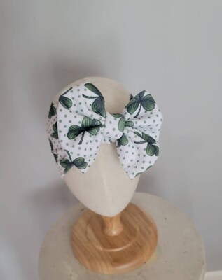 Shamrock Polka Dot Knit Hair Bow - Headwrap - Clip - Pigtail - Headband - Saint Patrick - Clover - Good Luck - Dots - St Patty - Green - image1